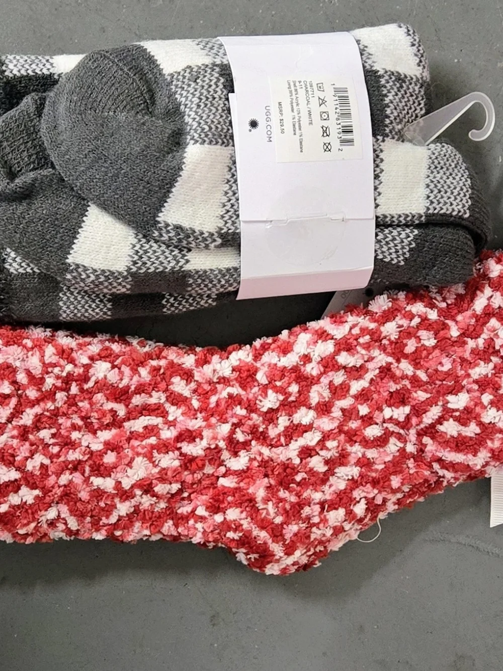 (2) Pair UGG Red & Black/White Plaid Cozy Crew Socks Duo